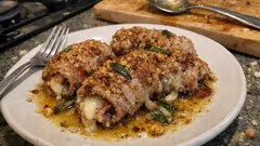 Involtini di lonza con speck e provola: crosta di nocciole croccante in padella