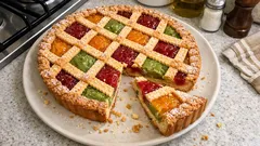 Crostata Arlecchino di Carnevale: reticolo a rombi e tre farciture colorate