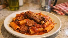 Rigatoni con sugo di spuntature e salsicce: il primo ricco che sa di pranzo in famiglia