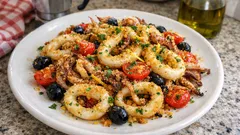 Calamari gratinati al forno con pomodorini e olive: croccanti senza fritto